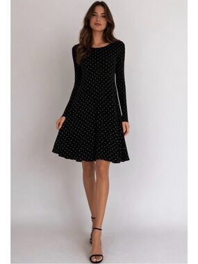 Old Navy Black Dress with White Polka Dots - Long Sleeve Fit & Flare